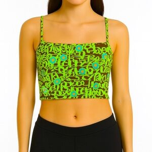 Aquarella Green Graffiti Floral Cropped Swim Tank Top Cross Back
